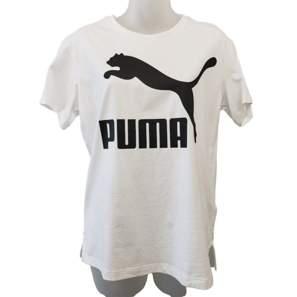 PUMA Classics Shirt Top Women's XS White Black Logo-Print Short Sleeve Cotton